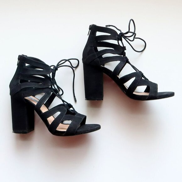Steve Madden Black Suede Open Toe Lace Up Cut Out Block Heel Bootie Shoes Size 7 - Picture 8 of 14
